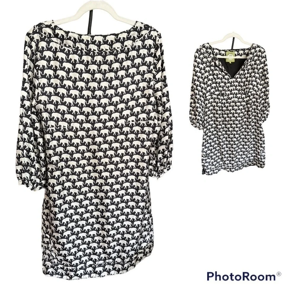 Elizabeth McKay SILK MARILOU DRESS black with white elephants size 8 tunic EUC - Picture 4 of 11